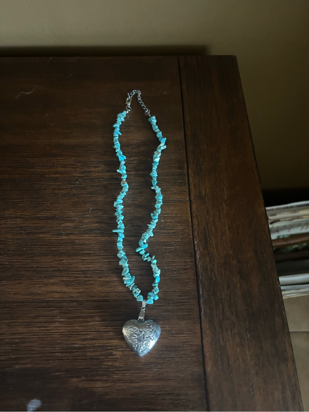 Turquoise Chip Necklace with Silver Navajo-Style Heart Pendant